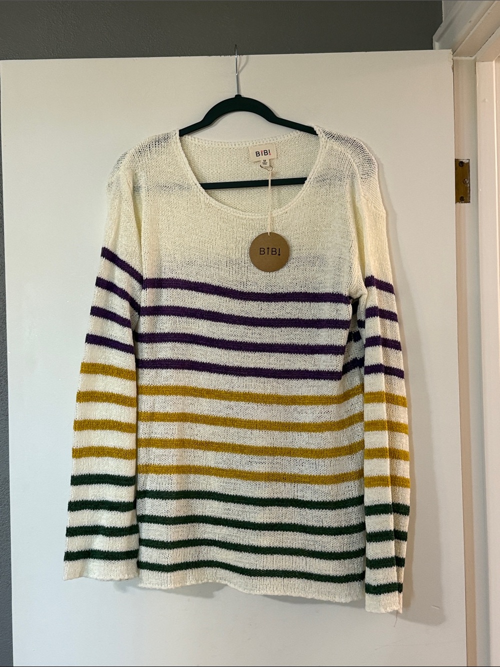 BiBi Cream Crewneck Sweater with Purple, Gold and Green Stripes